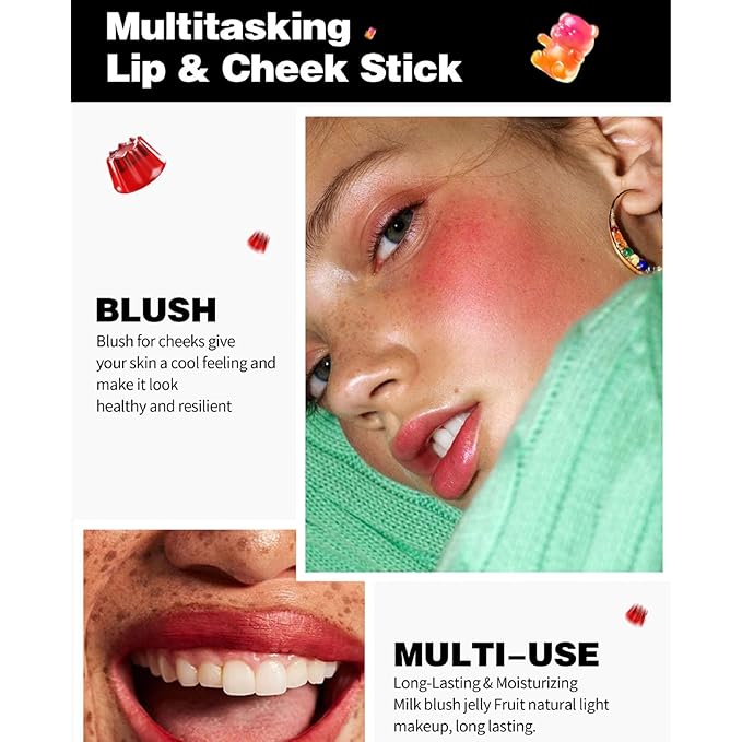 Cooling Water Jelly Tint Blush, Multi-Use Love Blush Tint Stick, Sheer Lip & Cheek Stain Makeup Stick, Moisturizing Buildable Bouncy Jelly Texture, Cruelty Free (04#, 0.32oz)