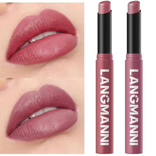 Jolilab 2 Pcs Velvet Matte Lipstick Nude Matte Soft Dark Color Stick Waterproof Long-Lasting Non-Stick Cup High Pigmented Lip Stick Lip Balm Beauty Cosmetics Gift for Girls（07#+08#