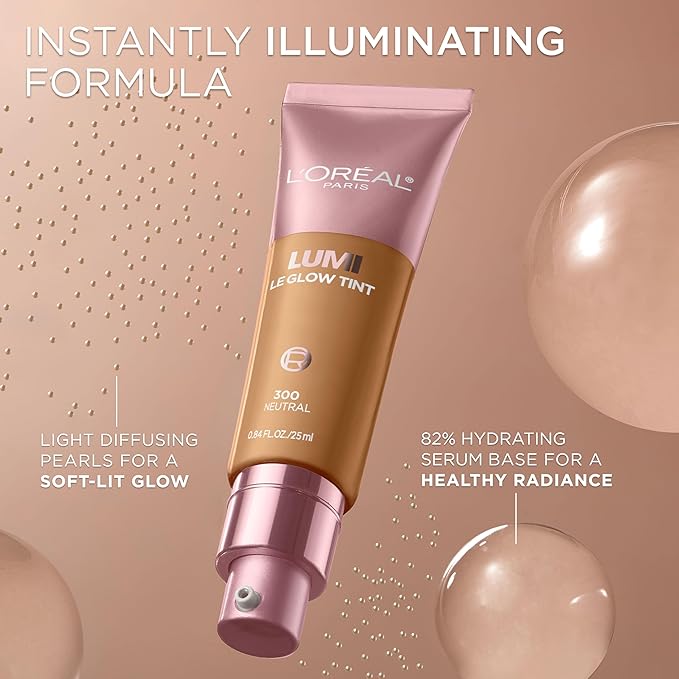 L'Oreal Paris Lumi Le Glow Skin Tint, Lightweight Water-Based Tinted Serum with Foundation-Like Coverage, Glow Illuminator, Neutral 230, 0.85 Fl Oz