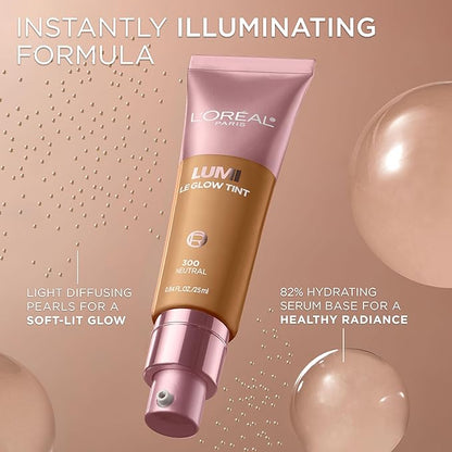 L'Oreal Paris Lumi Le Glow Skin Tint, Lightweight Water-Based Tinted Serum with Foundation-Like Coverage, Glow Illuminator, Neutral 300, 0.85 Fl Oz
