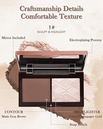 Face Contour Glitter Highlighter Powder Palette-2 in 1 Cruelty-Free Matte Bronzer Powder,Shimmer Illuminator Highlighters for a Glowing Look,Blendable Makeup Palette,Women's Day Gift for Women-01