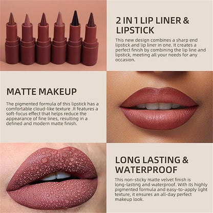 6 Colors 2 in 1 Gradient Lip Liner and Lipstick Lip Combo Set, Matte Nude Dark Brown Coffee Lip Liner Creamy Lip Pencil Crayon, High Pigmented Long lasting Lipstick Makeup Gifts for Women