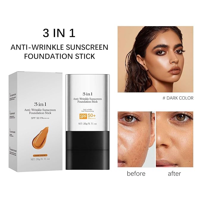 Foundation Stick with Brush, SPF 50, Hydrating Anti Wrinkle Non-Sticky Matte Finish Sun Protection for Face and Body, Long-lasting Travel Size Korean Skin Care Sun Stick (Dark, 0.71oz)