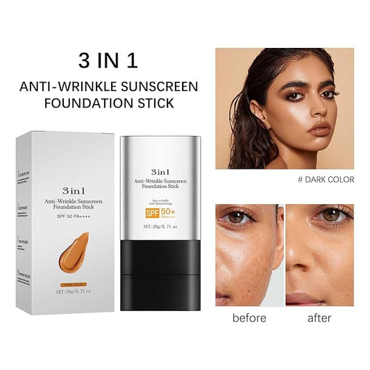 Foundation Stick with Brush, SPF 50, Hydrating Anti Wrinkle Non-Sticky Matte Finish Sun Protection for Face and Body, Long-lasting Travel Size Korean Skin Care Sun Stick (Dark, 0.71oz)