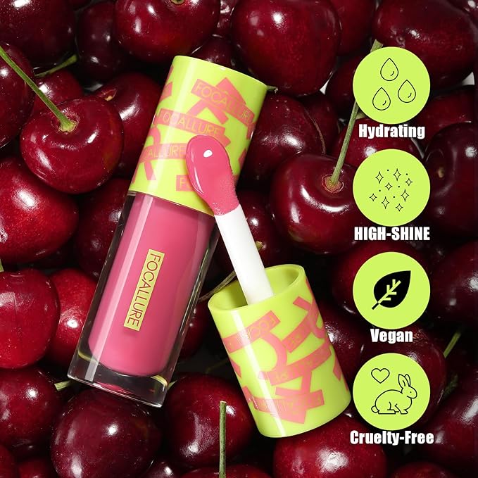 FOCALLURE Lip Oil,Moisturizing,Hydrating Lip Gloss,Transparent Toot Lip Glow Oil,Shiny Glossy Finish,Non-Sticky,Long Lasting,Tinted Lip Balm for Dry Lips and Lip Care,Cherry Juice