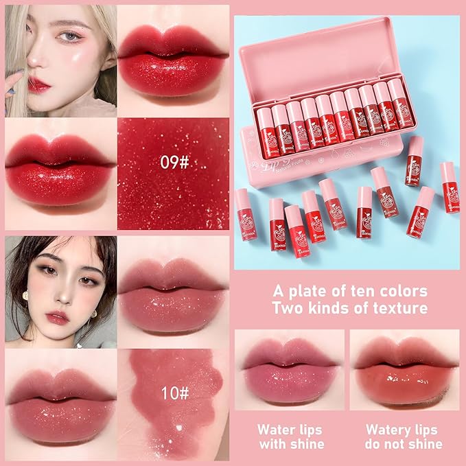 10 Colors Lip Tint Stain Set, Korean Plumping Lip Gloss Watery Lip Stain, Multi-use for Mini Liquid Lipstick & Cheek Tint Long Lasting Vivid Color #02