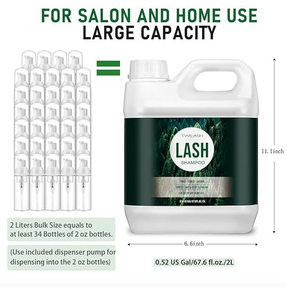 Lash Shampoo Bulk, Eyelash Cleanser for Extensions 2 Liters, Dispenser Pump, Safe Makeup Remover, Non-irritating or Burning Eyelid Foaming Cleanser for Professional Salon and Home Use
