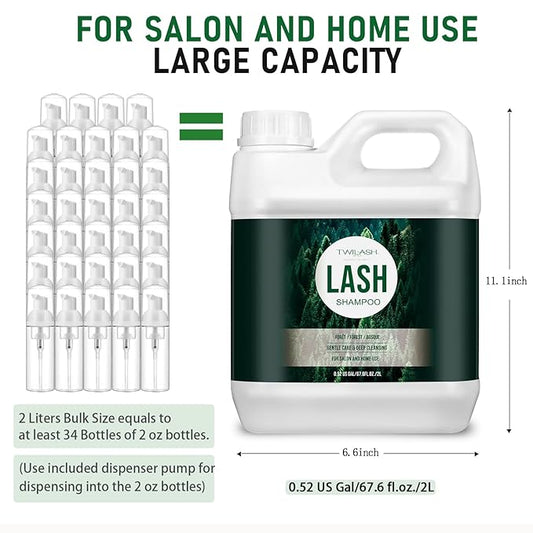 Lash Shampoo Bulk, Eyelash Cleanser for Extensions 2 Liters, Dispenser Pump, Safe Makeup Remover, Non-irritating or Burning Eyelid Foaming Cleanser for Professional Salon and Home Use