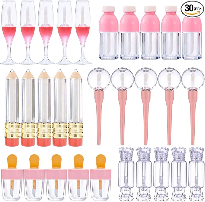 30 Pcs Cute Empty Lip Gloss Tubes, 6 Styles Lip Glaze Tubes Novelty Red Wine Glass Lip Oil Bottles Empty Lip,Refillable Lip Balm Containers for Women Girls DIY(5/8/10ML)