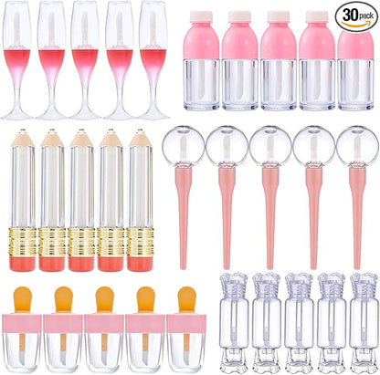 30 Pcs Cute Empty Lip Gloss Tubes, 6 Styles Lip Glaze Tubes Novelty Red Wine Glass Lip Oil Bottles Empty Lip,Refillable Lip Balm Containers for Women Girls DIY(5/8/10ML)