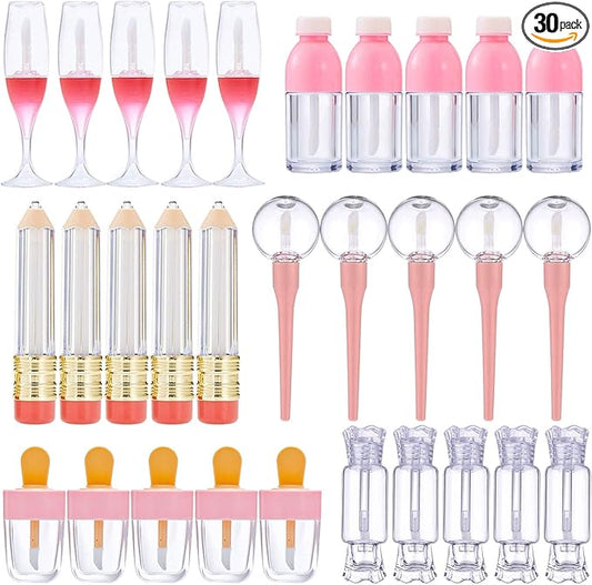 30 Pcs Cute Empty Lip Gloss Tubes, 6 Styles Lip Glaze Tubes Novelty Red Wine Glass Lip Oil Bottles Empty Lip,Refillable Lip Balm Containers for Women Girls DIY(5/8/10ML)