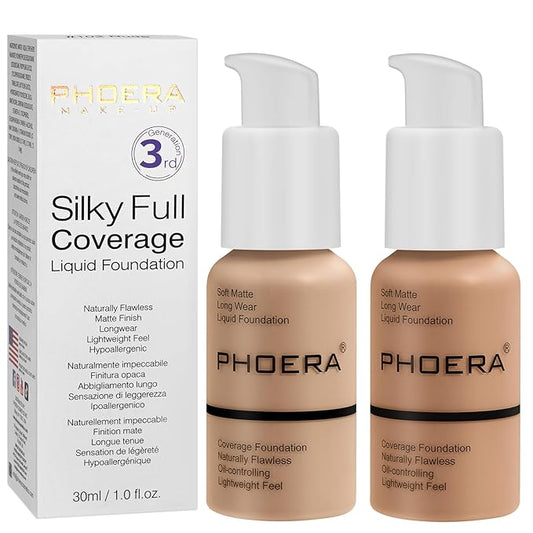 PHOERA Foundation, PHOERA Matte Liquid Foundation,PHOERA Makeup for Women, PHOERA Foundation Full Coverage Concealer, 30ml 24HR Matte Oil Control Concealer (104+105/Buff Beige+ Sand)