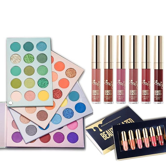 60 Colors Eyeshadow Palette 4 in1 Color Board Makeup Palette & 6 PCS Matte Birthday Edition Durable Liquid Lipstick Beauty Cosmetics Makeup Set
