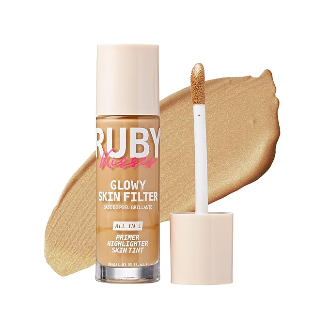 Ruby Kisses Glowy Skin Filter Foundation - All-in-1 Primer, Skin Tint & Highlighter, Hydrating Light Coverage with Squalane, Natural Dewy Finish, Luminous & Radiant Glow (Golden Medium)