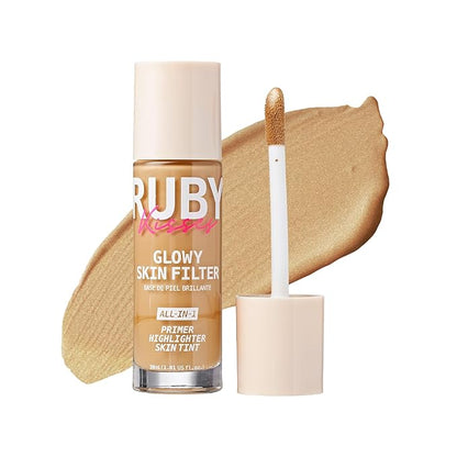 Ruby Kisses Glowy Skin Filter Foundation - All-in-1 Primer, Skin Tint & Highlighter, Hydrating Light Coverage with Squalane, Natural Dewy Finish, Luminous & Radiant Glow (Golden Medium)