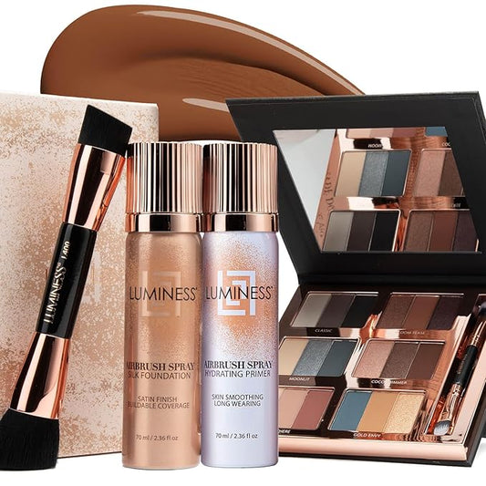 LUMINESS Airbrush Flawless 4-PC Makeup Kit - Includes Eyeshadow Palette, Airbrush Foundation, Primer & Makeup Brushes - Long-Lasting, Silky, Easy to Blend Make Up Set, Travel Size (13 - Deep)
