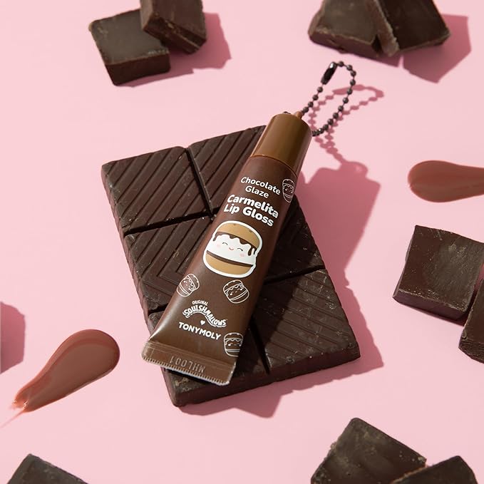 TONYMOLY x Squishmallows Carmelita's Chocolate Glaze Lip Balm Nourishing & Moisturizing Brown Gloss with Cocoa & Shea Butter for Soft, Hydrated Lips, 11ml