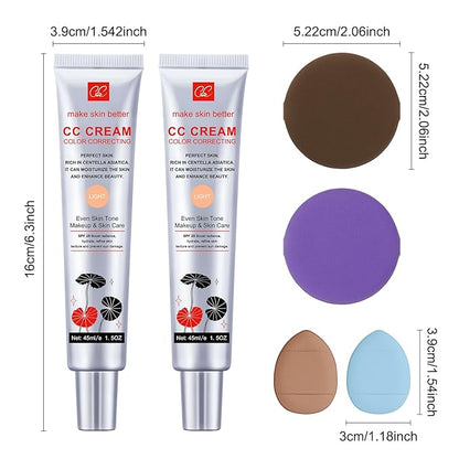 2 PCS Color Correcting CC Cream with Powder Puff 【SPF 25】, Light & Hydrating CC Cream Foundation with Centella Asiatica, Multi-Purpose for Even Skin Tone, Refine Skin Texture, SPF Protection (Light*2)