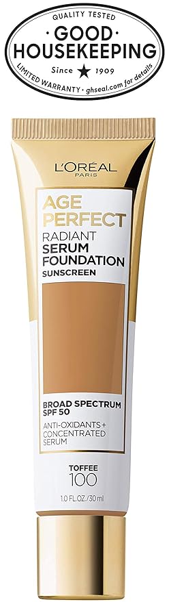 L'Oreal Paris Age Perfect Radiant Serum Foundation with SPF 50, Toffee, 1 Ounce