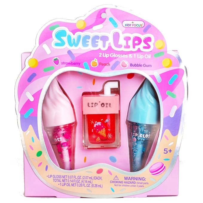 Hot Focus | Strawberry and Buble Gum Ice Cream Flavored Lip Gloss Set – Assorted Lip Gloss Flavors, Non-Toxic Makeup for Kids & Teens (Sweet)