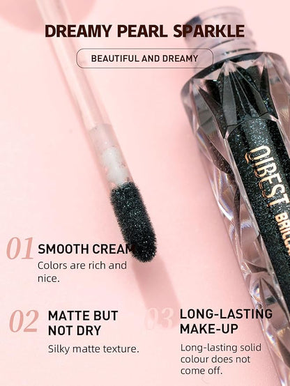 Black Glitter Lip Gloss, Diamond Shimmer Lipstick, Metallic Matte Lipstick High Pigment Waterproof Long Lasting Lipsticks, Sparkling Glossy Liquid Lipstick Lip Gloss for Women (#10 Black)