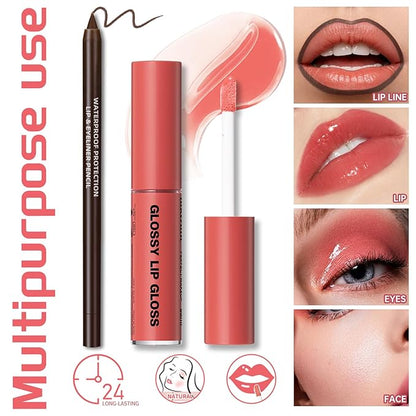 Nourishing Lip Gloss with Brown Lip Liner Set Lip Combo, Moisturizing High Shine Nude Pink Lip Glow Oil Fresh Lightweight Glossy Plumping Lip Glaze for Women Long Wear Liquid Lipstick Makeup#5