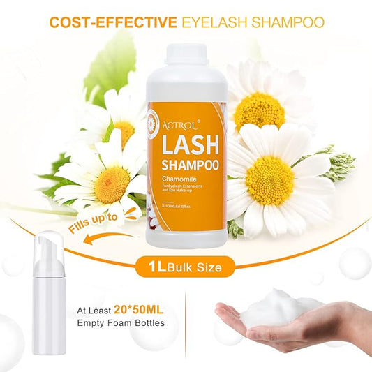 Eyelash Extension Cleanser Chamomile 1L Natural Lash Extension Shampoo Professional Eyelid Foaming Cleanser Paraben & Sulfate Free Non-lrritating with Salon and Home Care