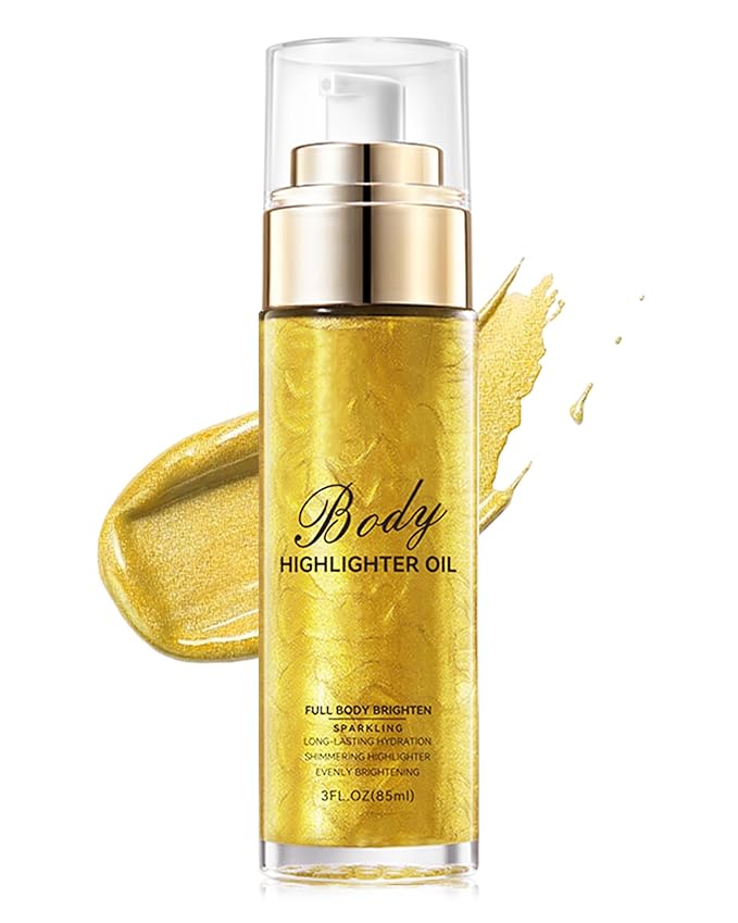 Body Shimmer Glow Oil, Waterproof Long Lasting Face Brighten Gold Luminizer, Moisturizing Hydrating Body Liquid Illuminator Highlighter Women Makeup, Shiny Diamond Face Glitter for Festive Party#02