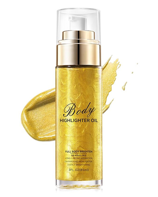 Body Shimmer Glow Oil, Waterproof Long Lasting Face Brighten Gold Luminizer, Moisturizing Hydrating Body Liquid Illuminator Highlighter Women Makeup, Shiny Diamond Face Glitter for Festive Party#02