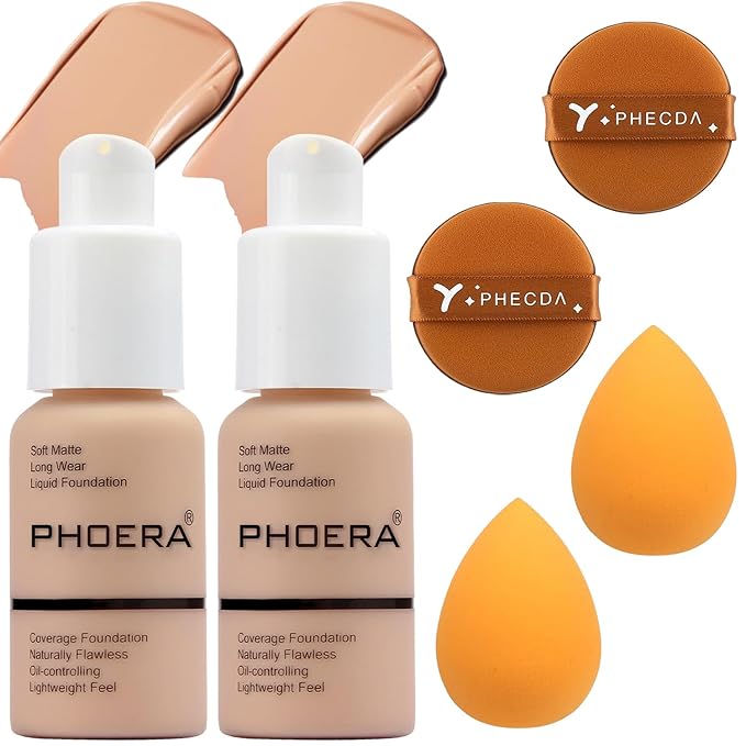 Foundation Set, 2Pcs Flawless Foundation and Makeup Spong Set for Natural Look, Waterproof, Medium Coverage, Matte Finish, Oil-Control, Odorless, Super Stay Up to 12 Hour (#103, Warm Peach)