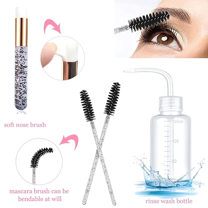50ml Eyelash Extension Cleanser, Lash Shampoo for Lash Extensions 50pcs Eyelash Brush Cleaning Brush Makeup Remover Pad and Rinse Bottle for Lash Cleaning for Salon Home Use(Black