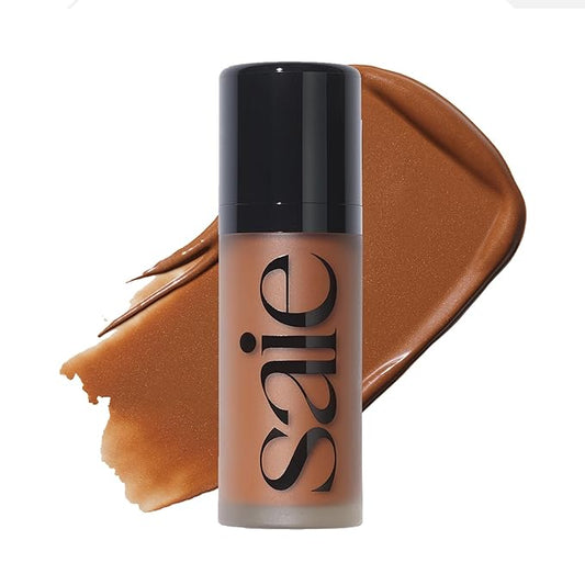 Saie Radiant Glow Duo - Dew Bronze Soft-Focus Liquid Bronzer in Swim (0.4 oz) & Mini Glowy Super Gel Lightweight Illuminator in Sunglow (0.5 oz), Hydrating Makeup Essentials for a Sun-Kissed Glow
