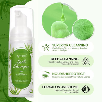 Eyelash Extension Cleanser 60ML Colored Green Aloe Lash Extension Shampoo Professional Eyelid Foaming Cleanser Paraben & Sulfate Free Non-lrritating with Salon and Home Care