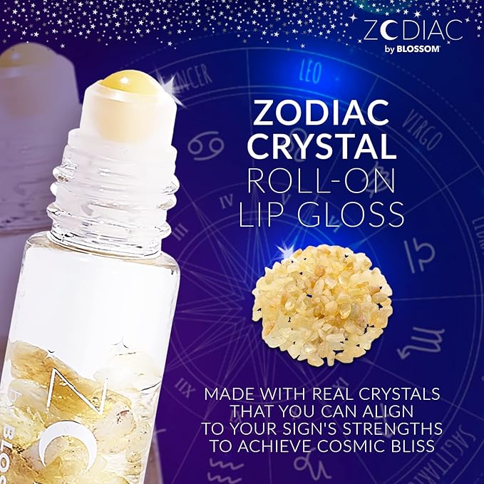 Blossom Lip Gloss Zodiac Sign Vanilla Scented Roll-On Lip Gloss, Moisturizing + Hydrating with Zodiac Crystals, Made in USA, 0.20oz, Leo