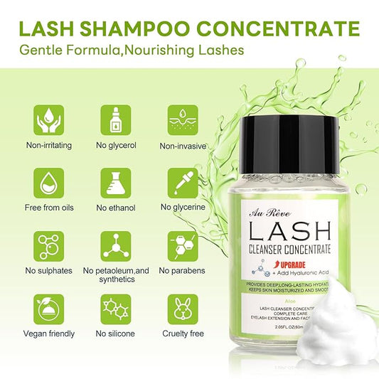 Lash Shampoo Concentrate 60ml Lash Cleanser Concentrate Add Hyaluronic Acid Oil-Free Lash Extension Shampoo Perfect for Salon，Aloe