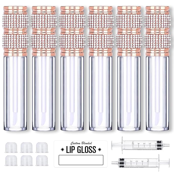 AMORIX 5ml Lip Gloss Tubes with Wand 6 Packs Empty Rhinestone Lip Gloss Containers Lipgloss Bottles Crystal Lip Gloss Supplies Kit with Syringe for DIY Lip Gloss Base