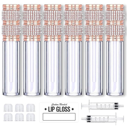 AMORIX 5ml Lip Gloss Tubes with Wand 6 Packs Empty Rhinestone Lip Gloss Containers Lipgloss Bottles Crystal Lip Gloss Supplies Kit with Syringe for DIY Lip Gloss Base