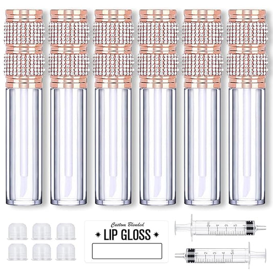 AMORIX 5ml Lip Gloss Tubes with Wand 6 Packs Empty Rhinestone Lip Gloss Containers Lipgloss Bottles Crystal Lip Gloss Supplies Kit with Syringe for DIY Lip Gloss Base