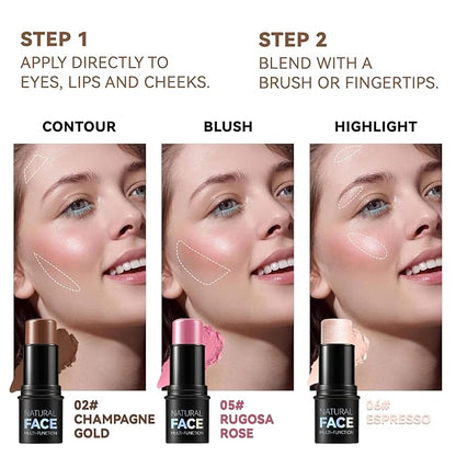 3 Colors Cream Contour Stick, Shades with Highlighter Stick,Blush Stick and Bronzer Contour Stick for Sculpt the Cheeks,Long Lasting,Waterproof,Matte & Dewy Finish for Women (LIGHT MEDIUM(2+5+6))