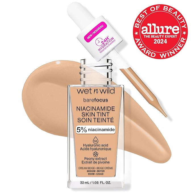 wet n wild Bare Focus Skin Tint, 5% Niacinamide Enriched, Buildable Sheer Lightweight Coverage, Natural Radiant Finish, Hyaluronic & Vitamin Hydration Boost, Cruelty-Free & Vegan - Cream Beige