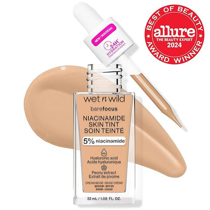wet n wild Bare Focus Skin Tint, 5% Niacinamide Enriched, Buildable Sheer Lightweight Coverage, Natural Radiant Finish, Hyaluronic & Vitamin Hydration Boost, Cruelty-Free & Vegan - Cream Beige