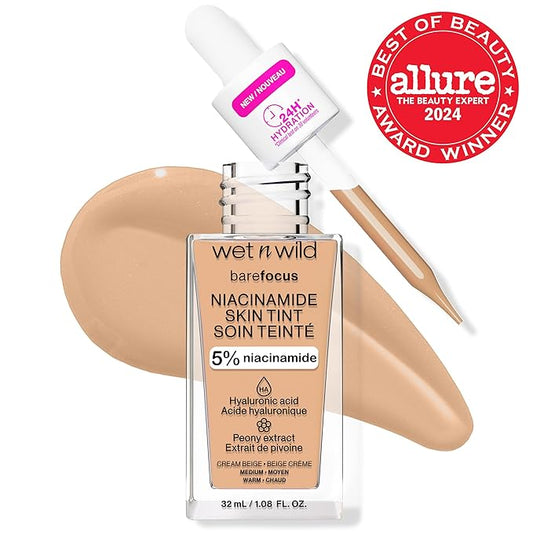 wet n wild Bare Focus Skin Tint, 5% Niacinamide Enriched, Buildable Sheer Lightweight Coverage, Natural Radiant Finish, Hyaluronic & Vitamin Hydration Boost, Cruelty-Free & Vegan - Cream Beige