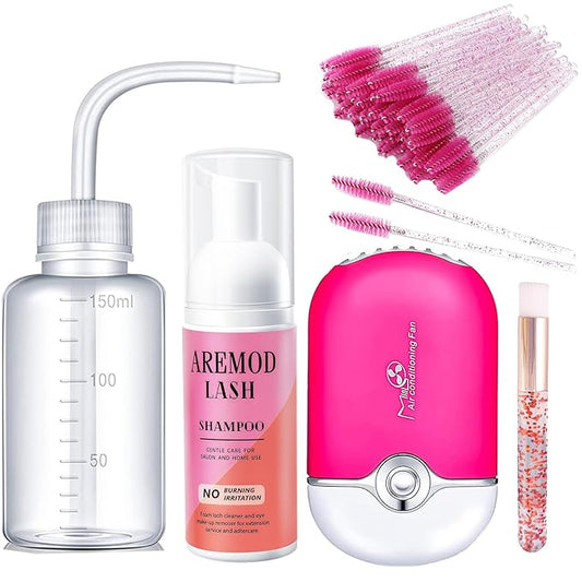 Lash Shampoo for Lash Extensions Eyelash Extension Cleanser with USB Lash Fan,60ml Lash Mousse,Mascara Brush,Nose Blackhead Facial Cleaning Brush and Wash Bottle for Eye Makeup Remover (Rose)