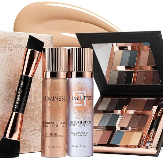LUMINESS Airbrush Flawless 4-PC Makeup Kit - Includes Eyeshadow Palette, Airbrush Foundation, Primer & Makeup Brushes - Long-Lasting, Silky, Easy to Blend Make Up Set, Travel Size (02 - Fair)