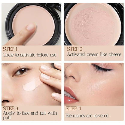 Powder Foundation,Long Wear Full Coverage Foundation with Sponge,Flawess Demi-Matte Finish,Brighten Correcting Color