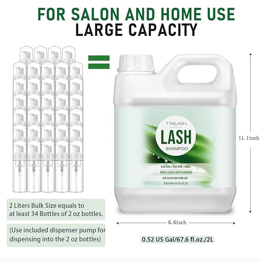 Lash Shampoo Bulk, Eyelash Cleanser for Extensions 2 Liters, Dispenser Pump, Non-irritating or Burning Eyelid Foaming Cleanser for Professional Salon and Home Use (Aloe Vera-2L)