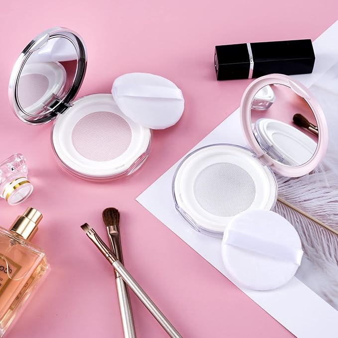 OIIKI 2 Packs Loose Powder Compact Containers, 3g Refillable Container with Powder Puff, Mirror, Net, Spoon, DIY Makeup Powder Cases Portable Powder Compact Boxes for Daily Use or Travel -Pink, Silver