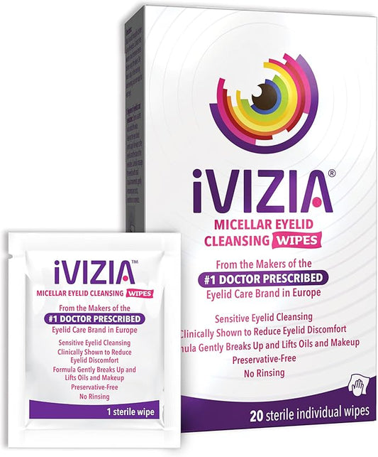 iVIZIA Eyelid Cleansing Wipes for Sensitive Eyelid Cleansing, Preservative-Free, Micellar, No Rinse, Gentle Eye Makeup Remover, 20 Sterile Single-Use Wipes for Eyelids Packaging May Vary
