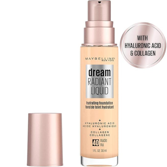 Maybelline Dream Radiant Liquid Medium Coverage Hydrating Makeup, Lightweight Liquid Foundation, Nude, 1 Fl; Oz