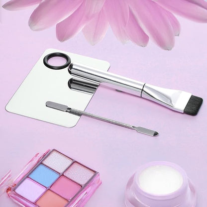 3 Pcs Make Up Spatula Tool with Makeup Mixing Palette, Foundation Spatula, Makeup Brush, Makeup Palette Tray, Makeup Accessories for Women Girls Reusable Facial Cosmetic Spatula Tool(Metal)